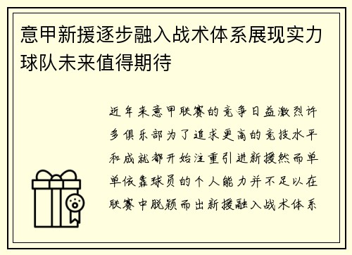 意甲新援逐步融入战术体系展现实力球队未来值得期待